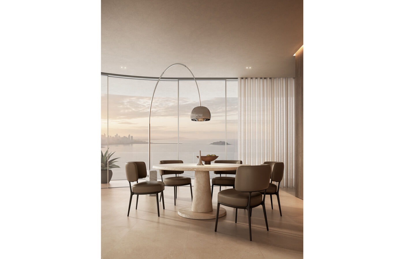Arclinea dining area with round travertine table and pedestal base, upholstered chairs and panoramic windows with sheer curtains