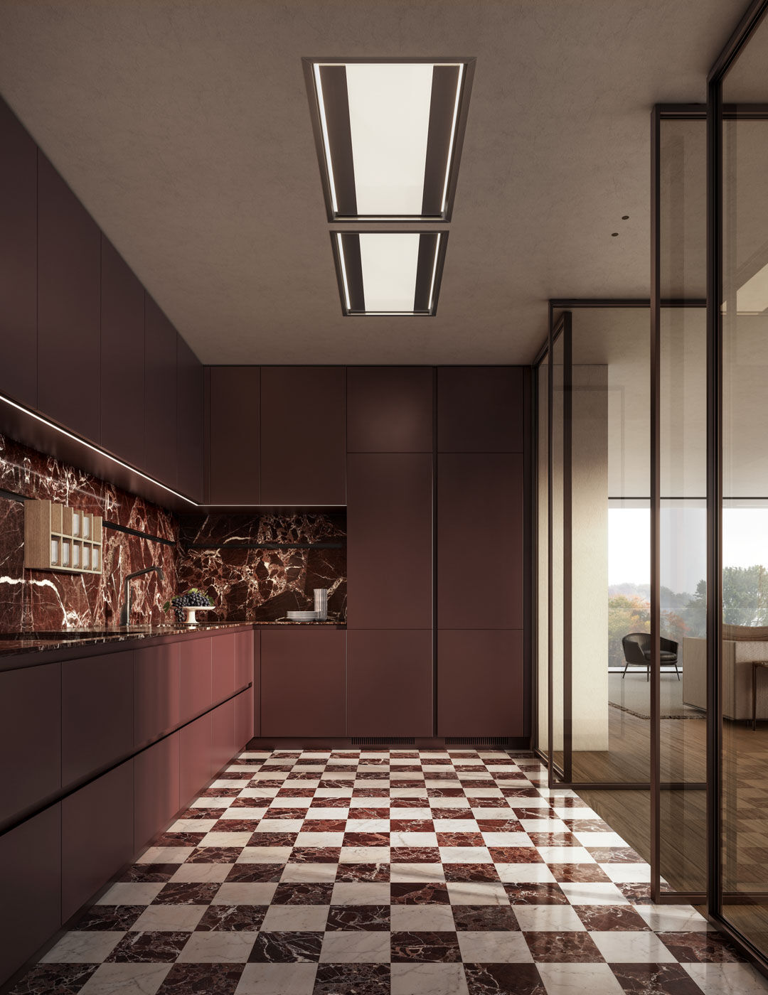 Arclinea kitchen Thea Borgogna galley layout with marble checkerboard flooring