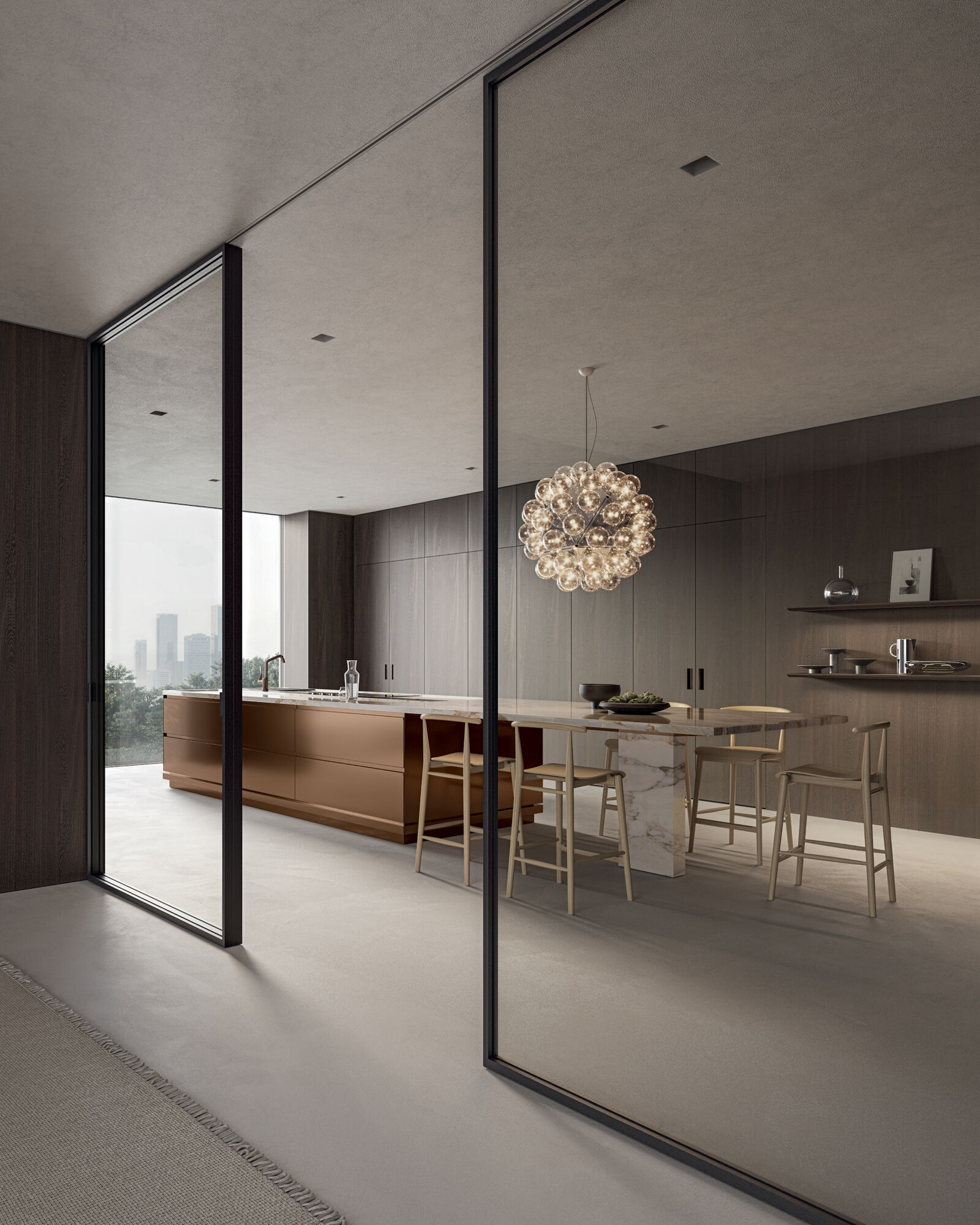 Sliding glass wall with convivium lapis luxury kitchen in brass