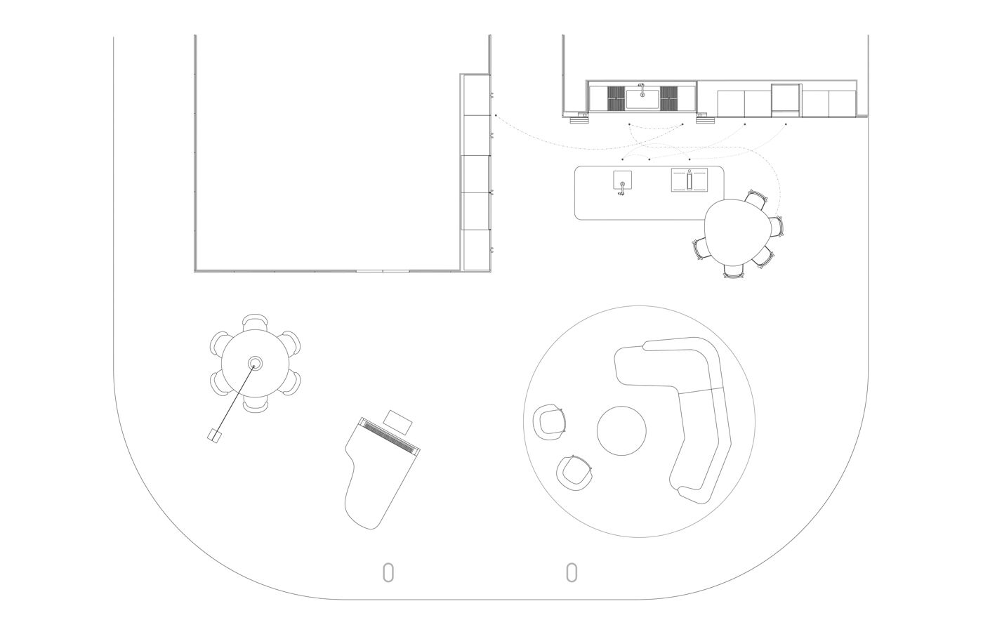 Arclinea kitchen layout plan with Kora island, integrated sink and cooktop, adjacent dining and living areas in open space configuration