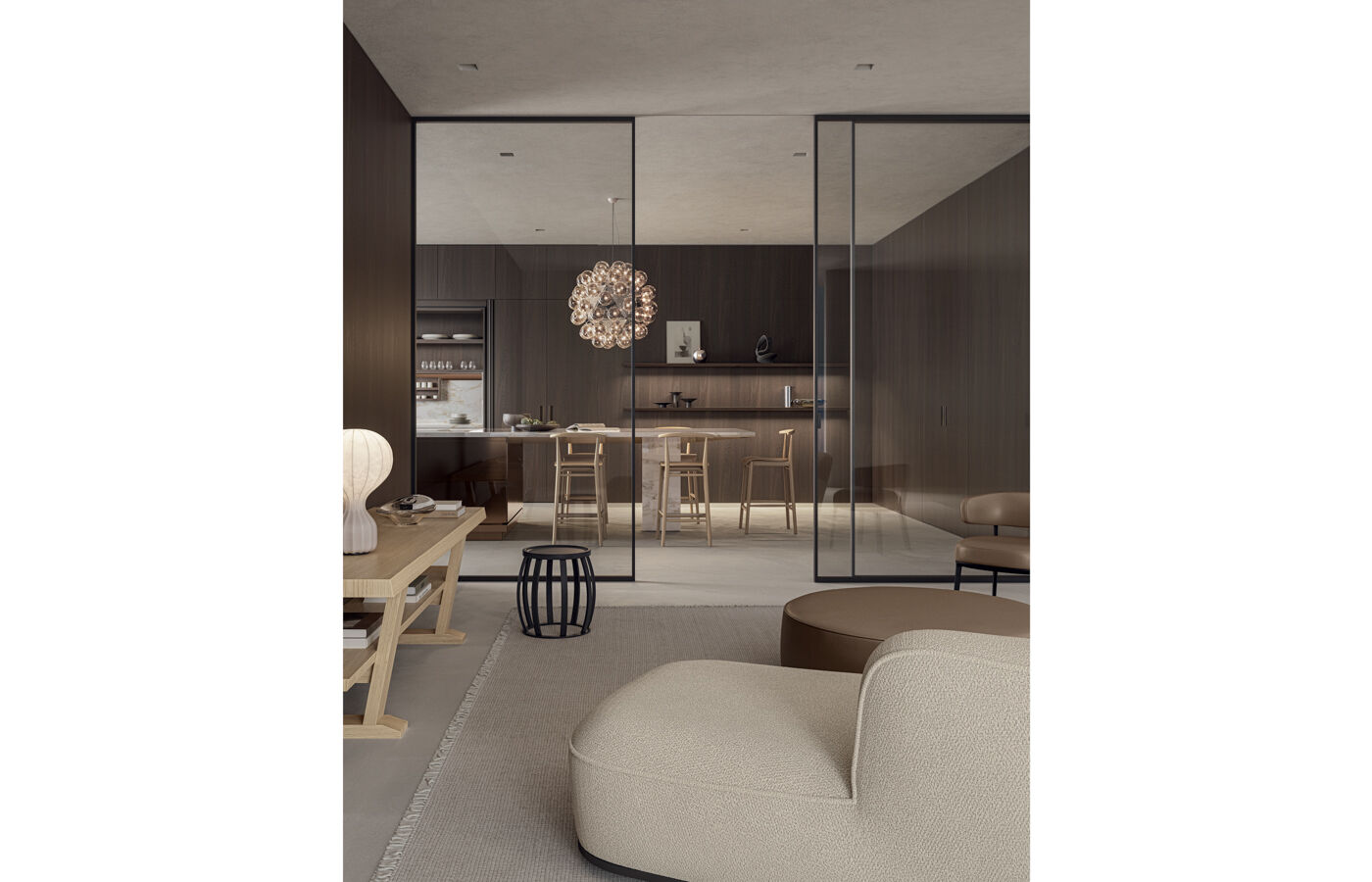 sliding door in the livingroom view in Convivium et Lapis modern kitchen Arclinea