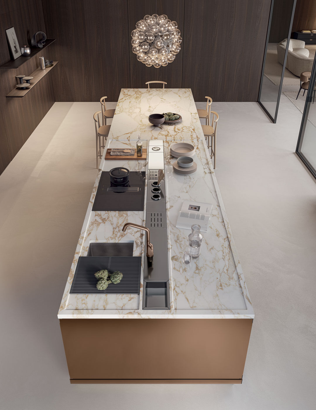 top view convivium lapis kitchen with marble top