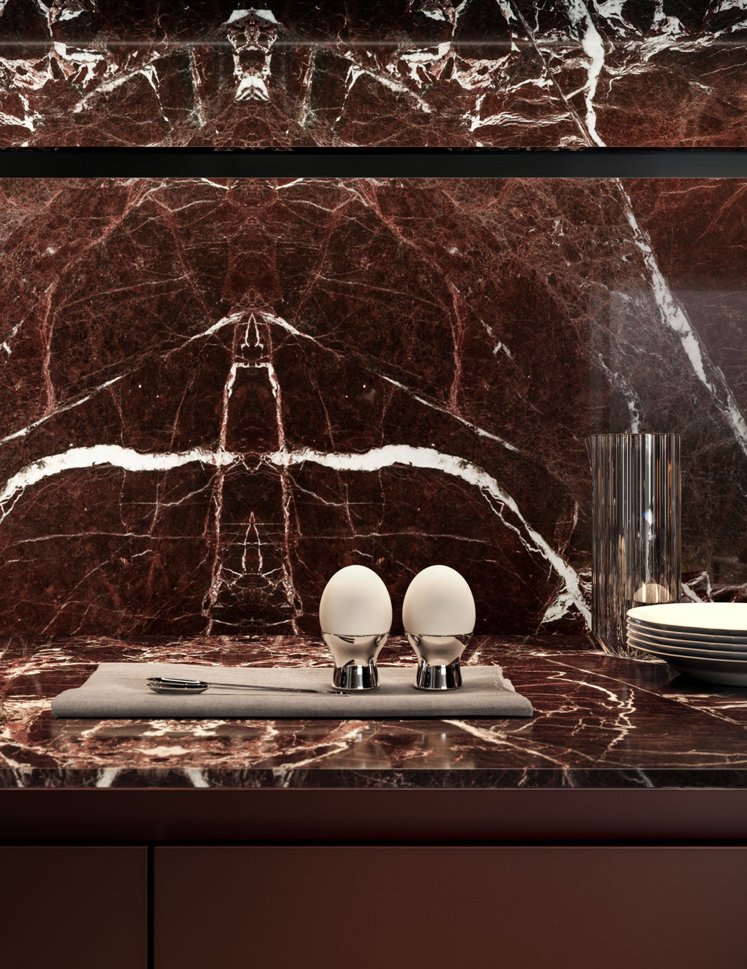 Arclinea kitchen Thea Borgogna red lempato marble sink with eggs