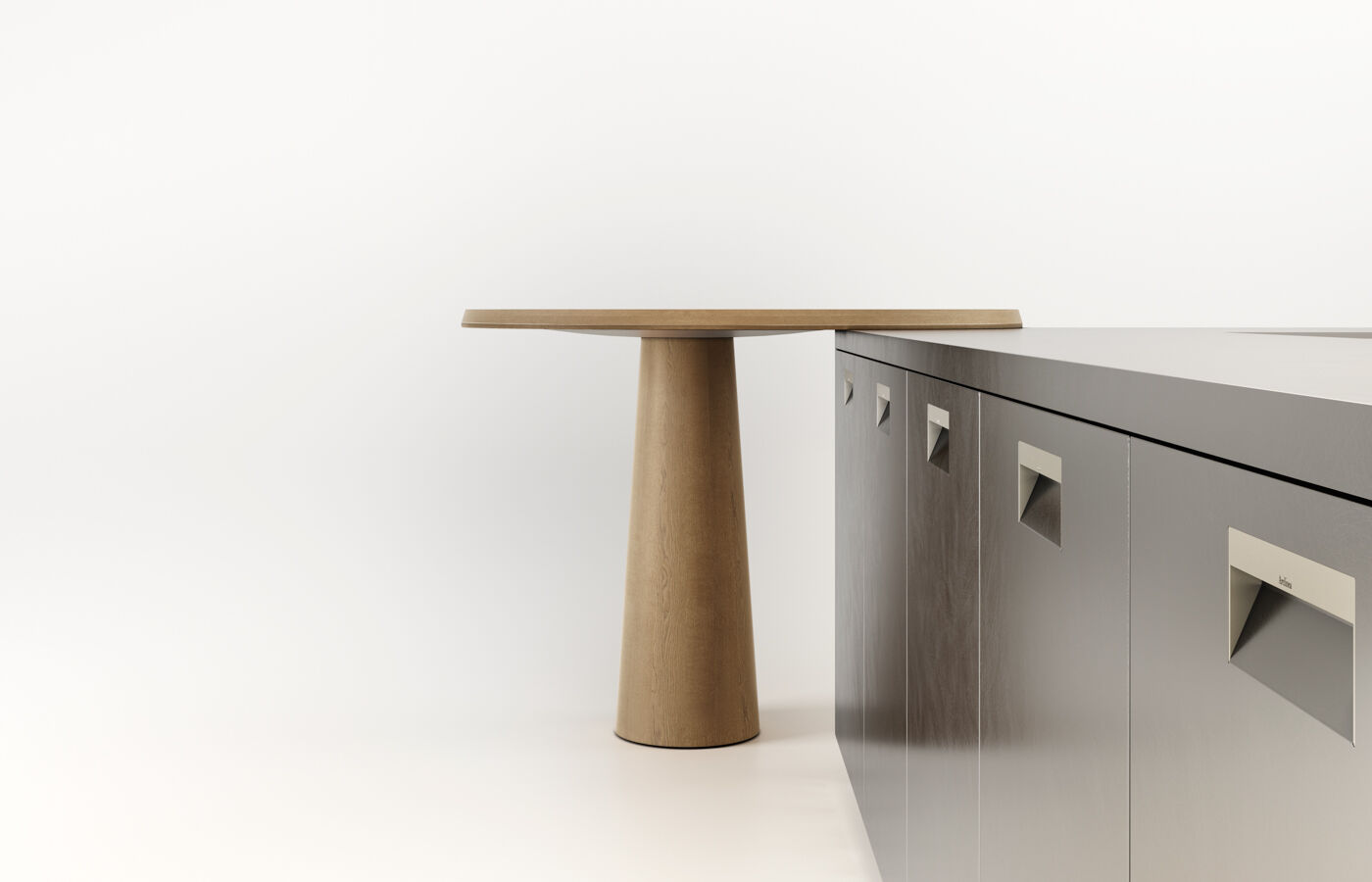 Kitchen with stainless steel base cabinets and integrated handles, Arclinea Folia table in natural wood with conical support and snack overhang