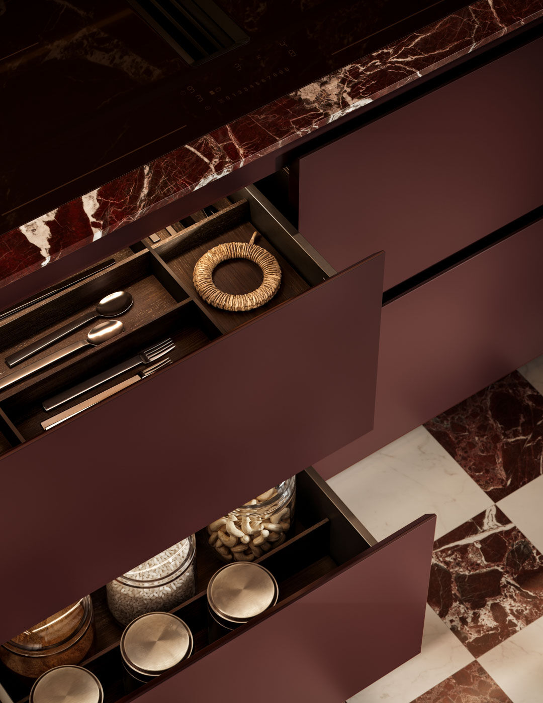 Arclinea kitchen Thea Borgogna drawer storage detail with marble countertop
