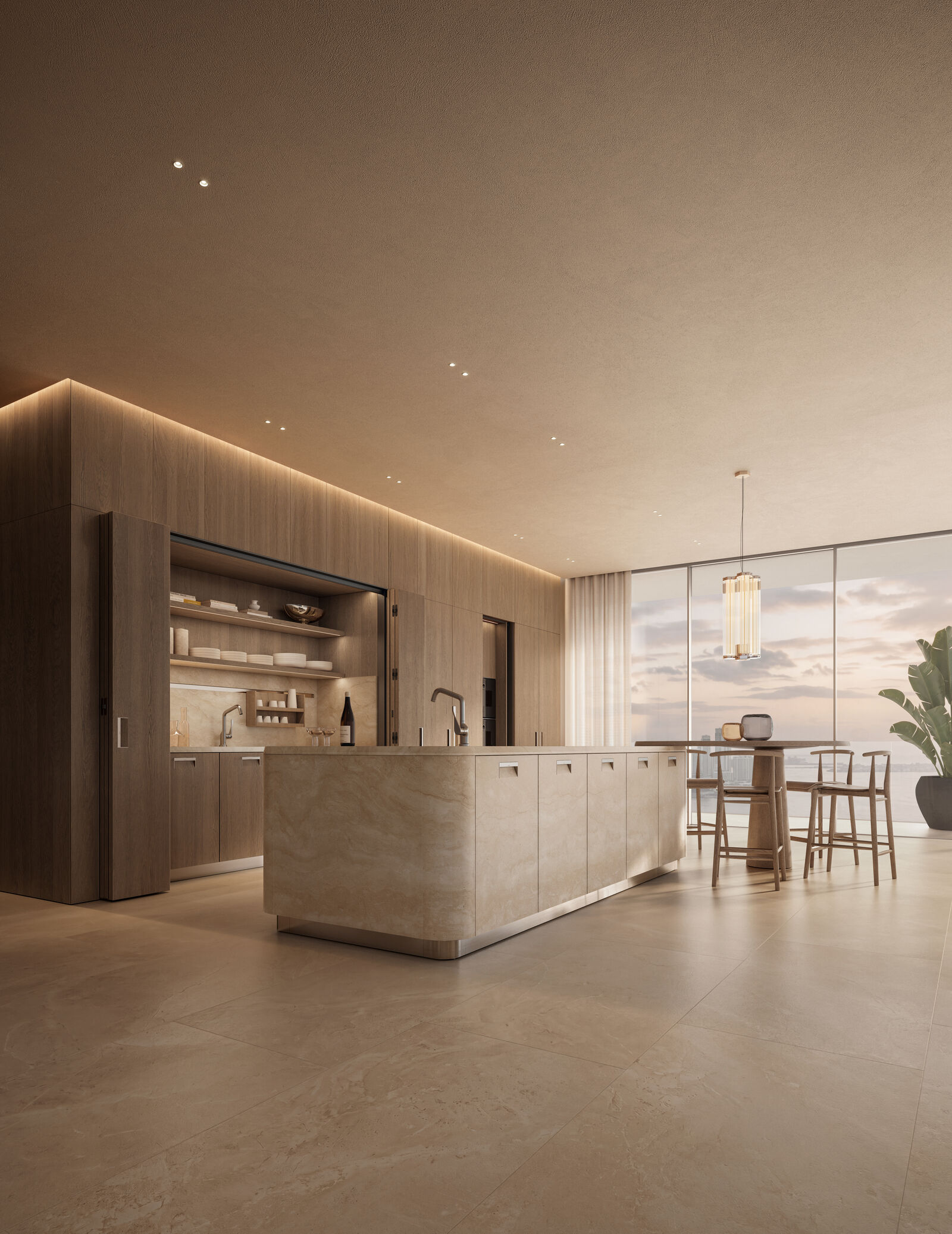 Arclinea open space kitchen with travertine island and integrated sink, oak wall units with open shelving and concealed workspace