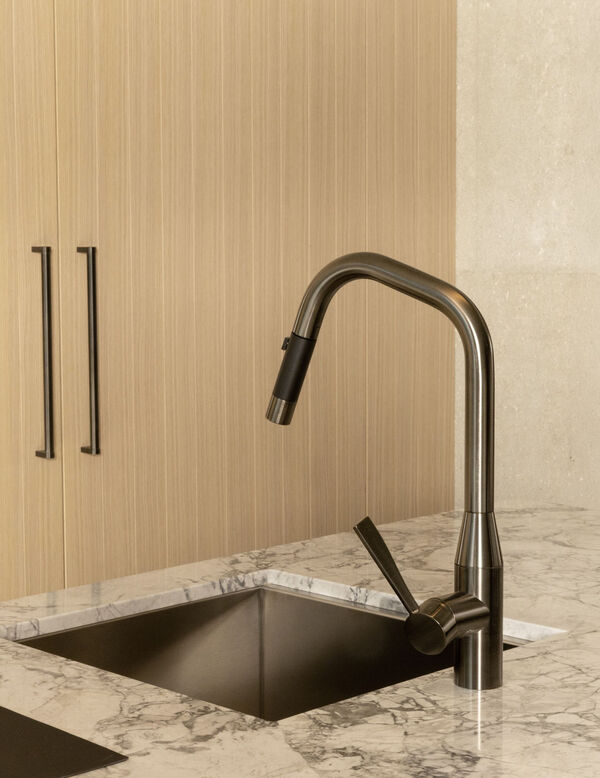 Arclinea Convivium kitchen with pvd plus black island and marble worktop