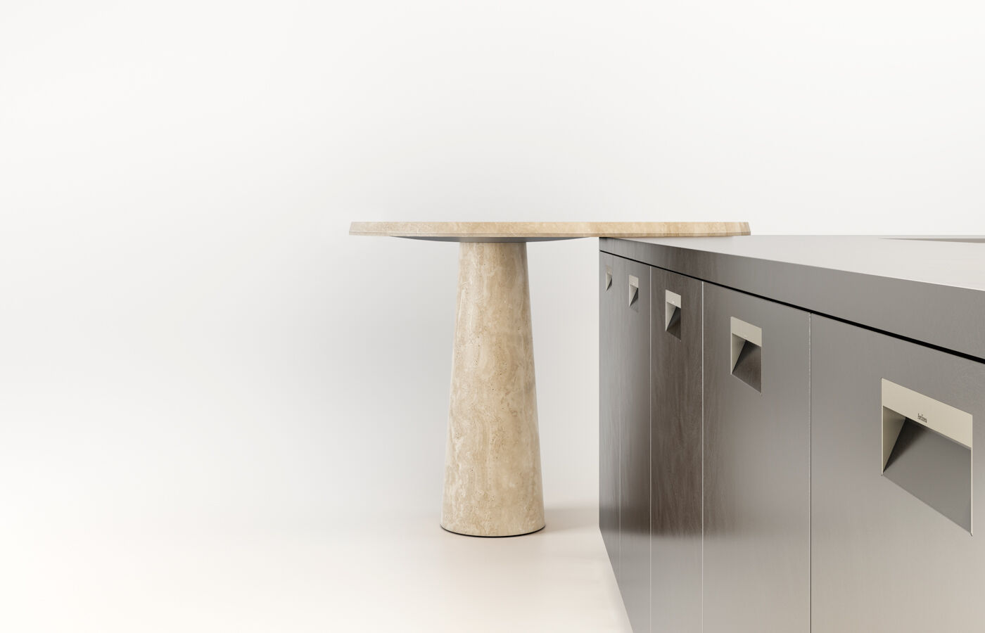 Kitchen with stainless steel cabinets and integrated handles, Arclinea Folia table in travertine with conical base and snack overhang