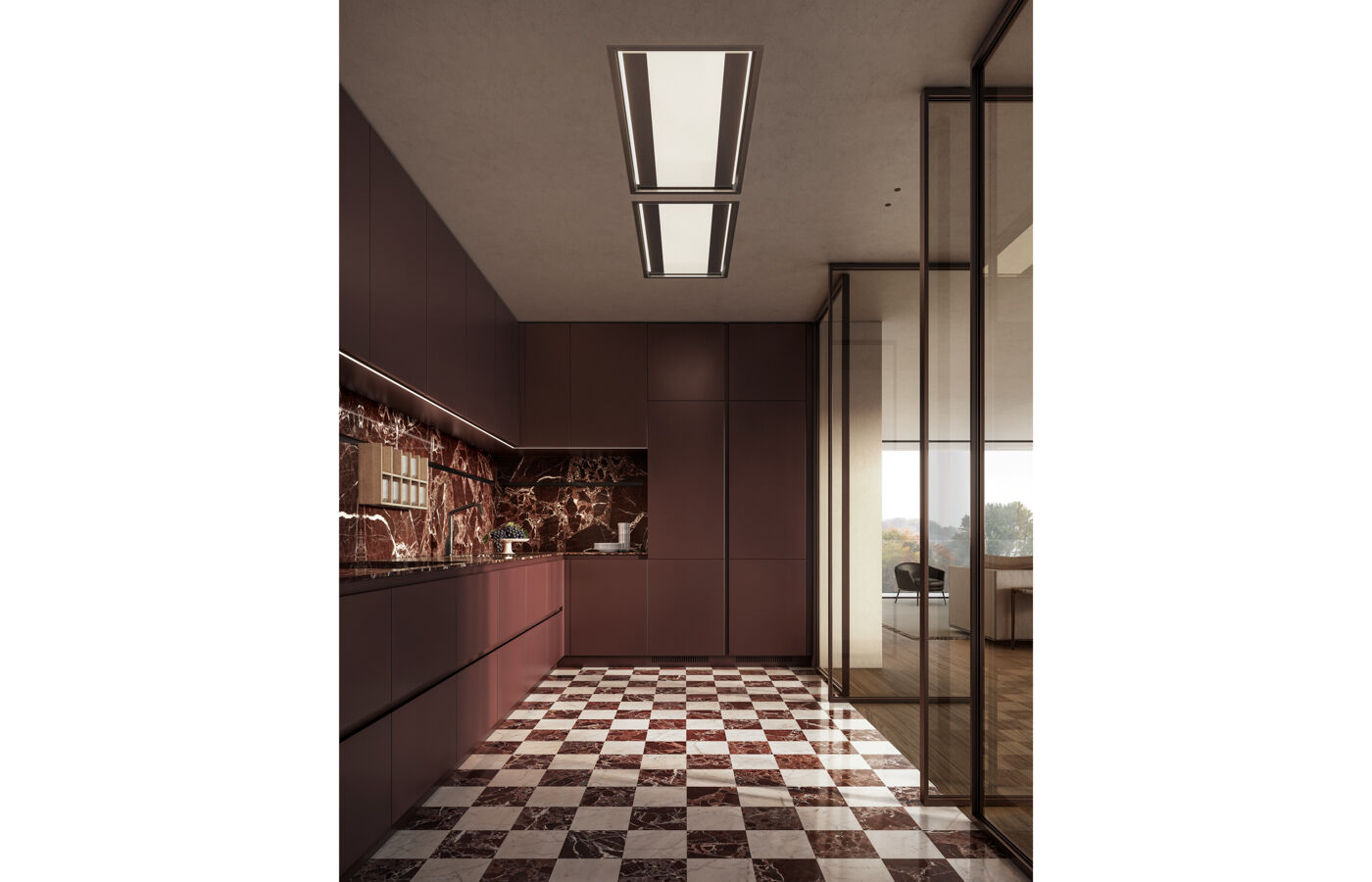 Arclinea kitchen Thea Borgogna galley layout with marble checkerboard flooring