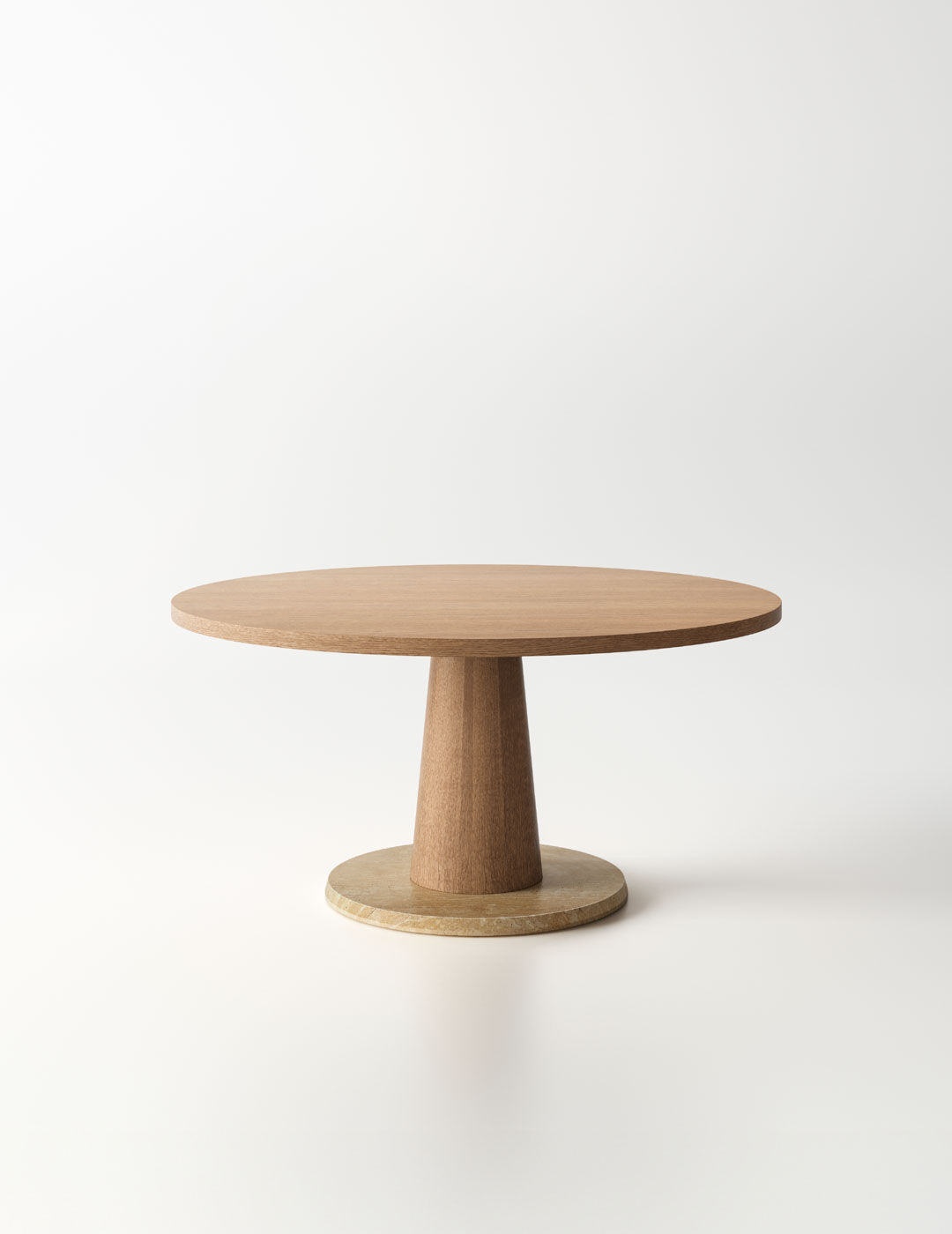 Freestanding round table with natural oak top and central pedestal on stone base Orbita by Arclinea