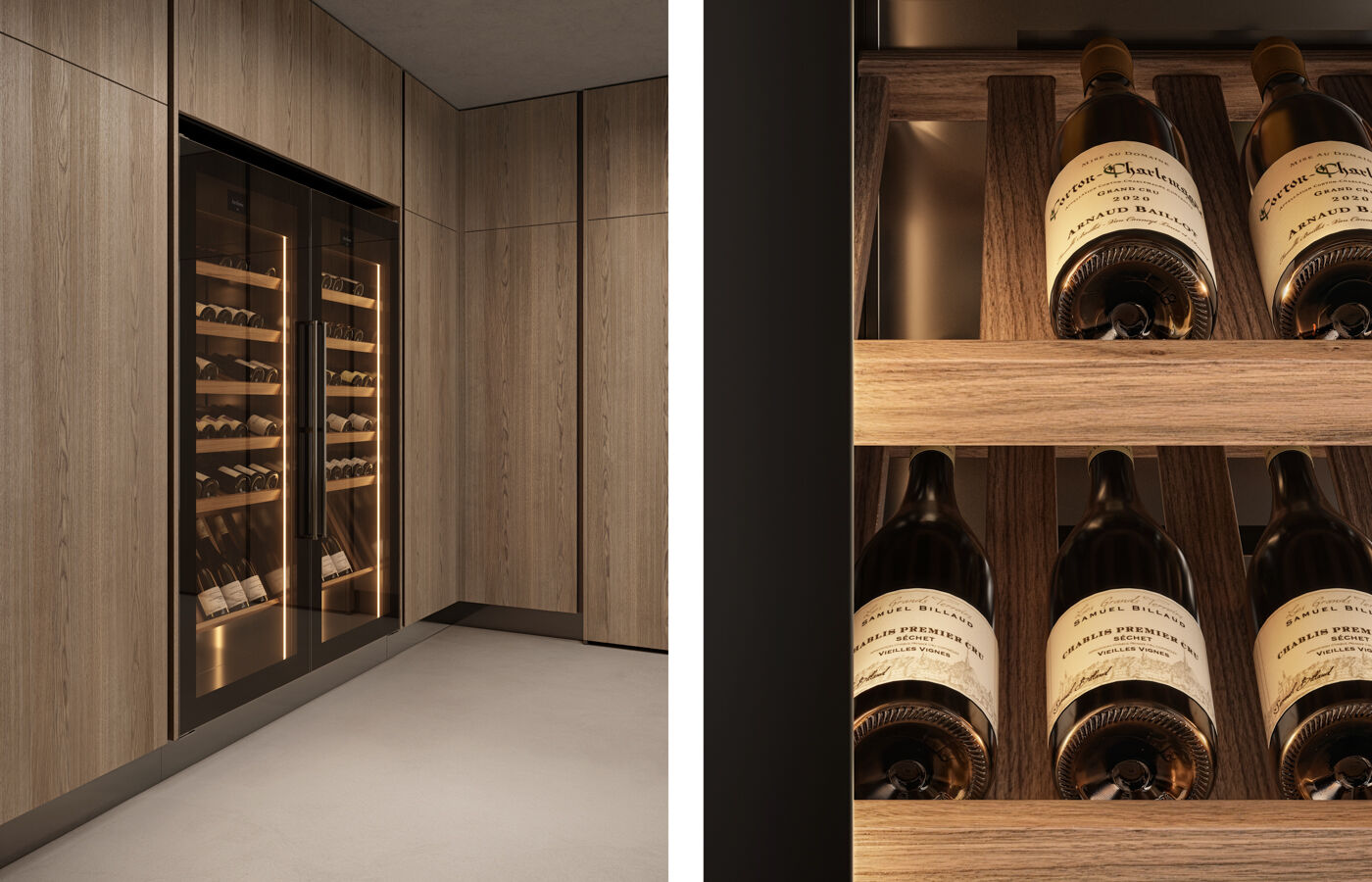 Luxury wooden kitchen with integrated winery. Bottles of premier cru 