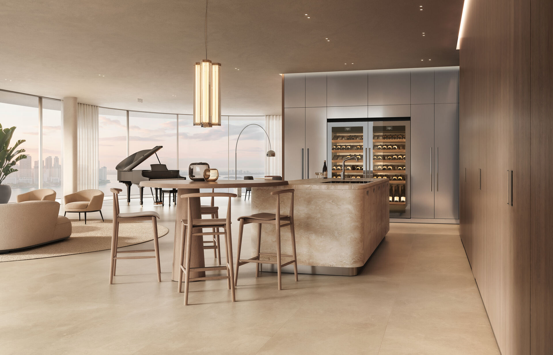 Arclinea open space kitchen with travertine island and snack counter, wood stools, built-in wine storage and panoramic windows