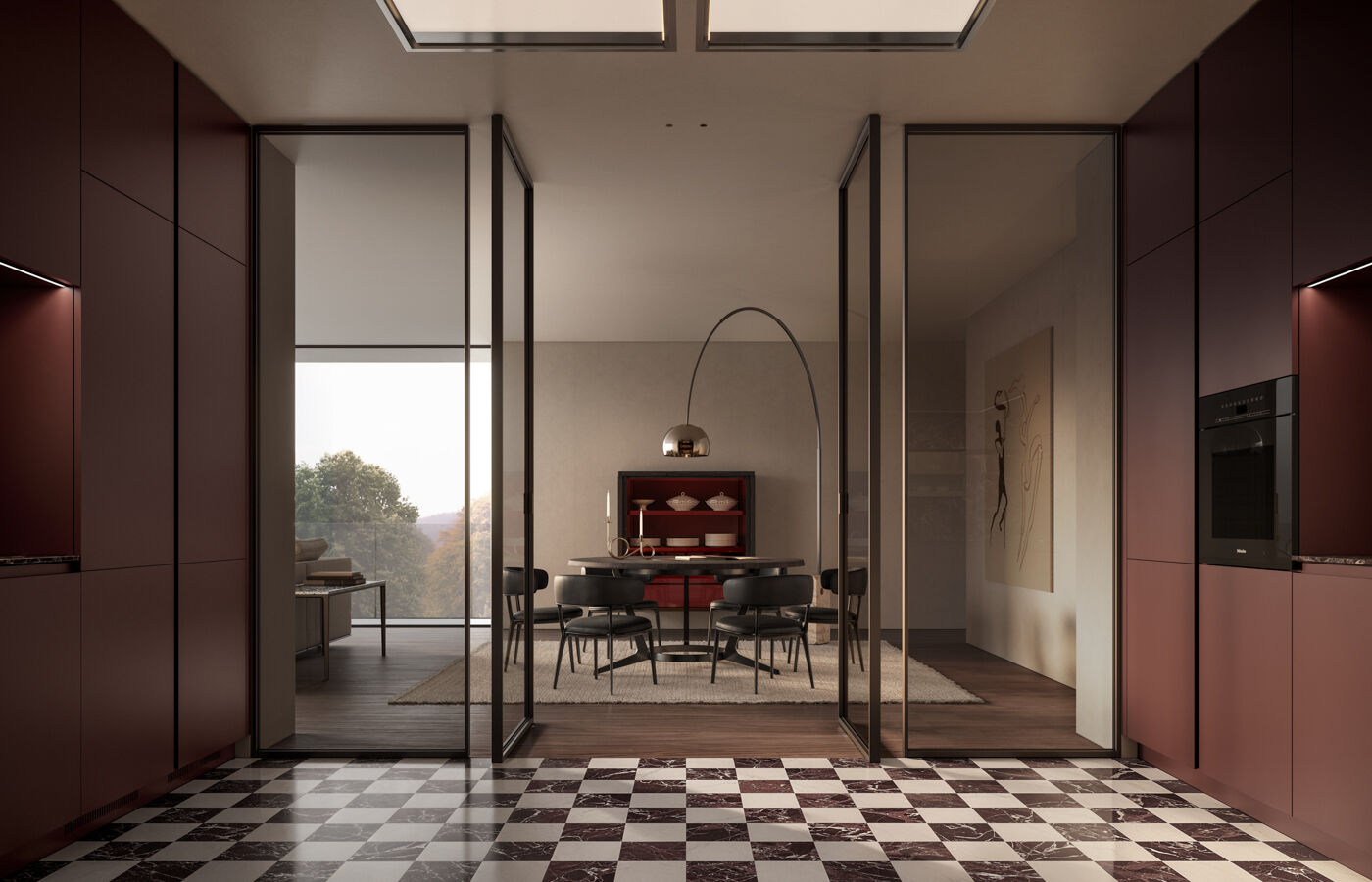 Arclinea kitchen Thea Borgogna connected to dining area through glass partitions