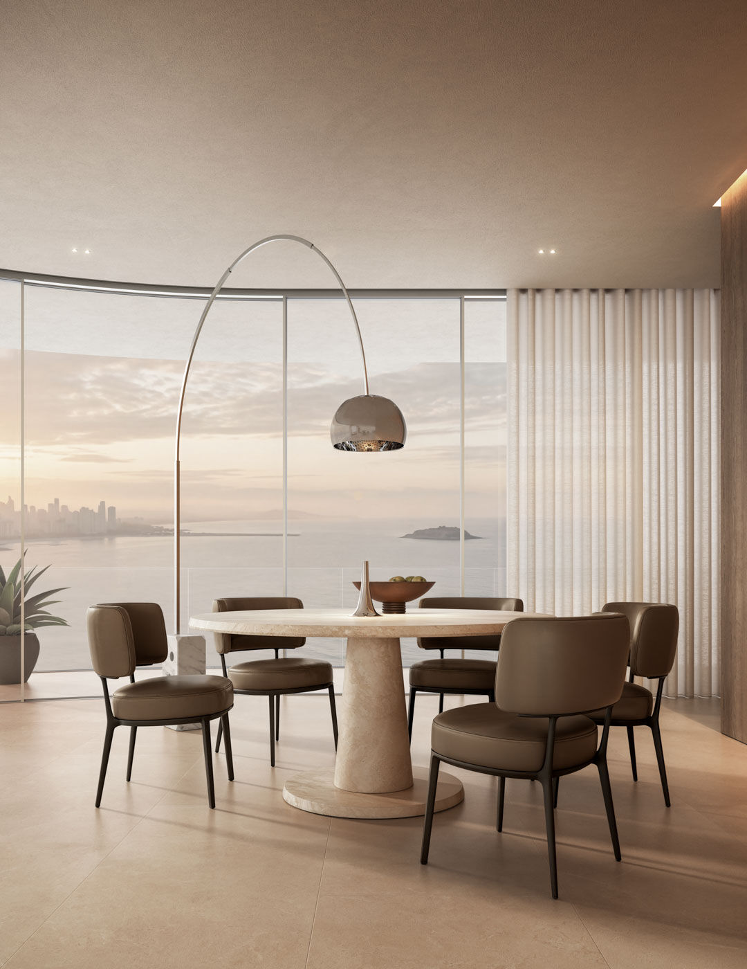 Arclinea dining area with round travertine table and pedestal base, upholstered chairs and panoramic windows with sheer curtains