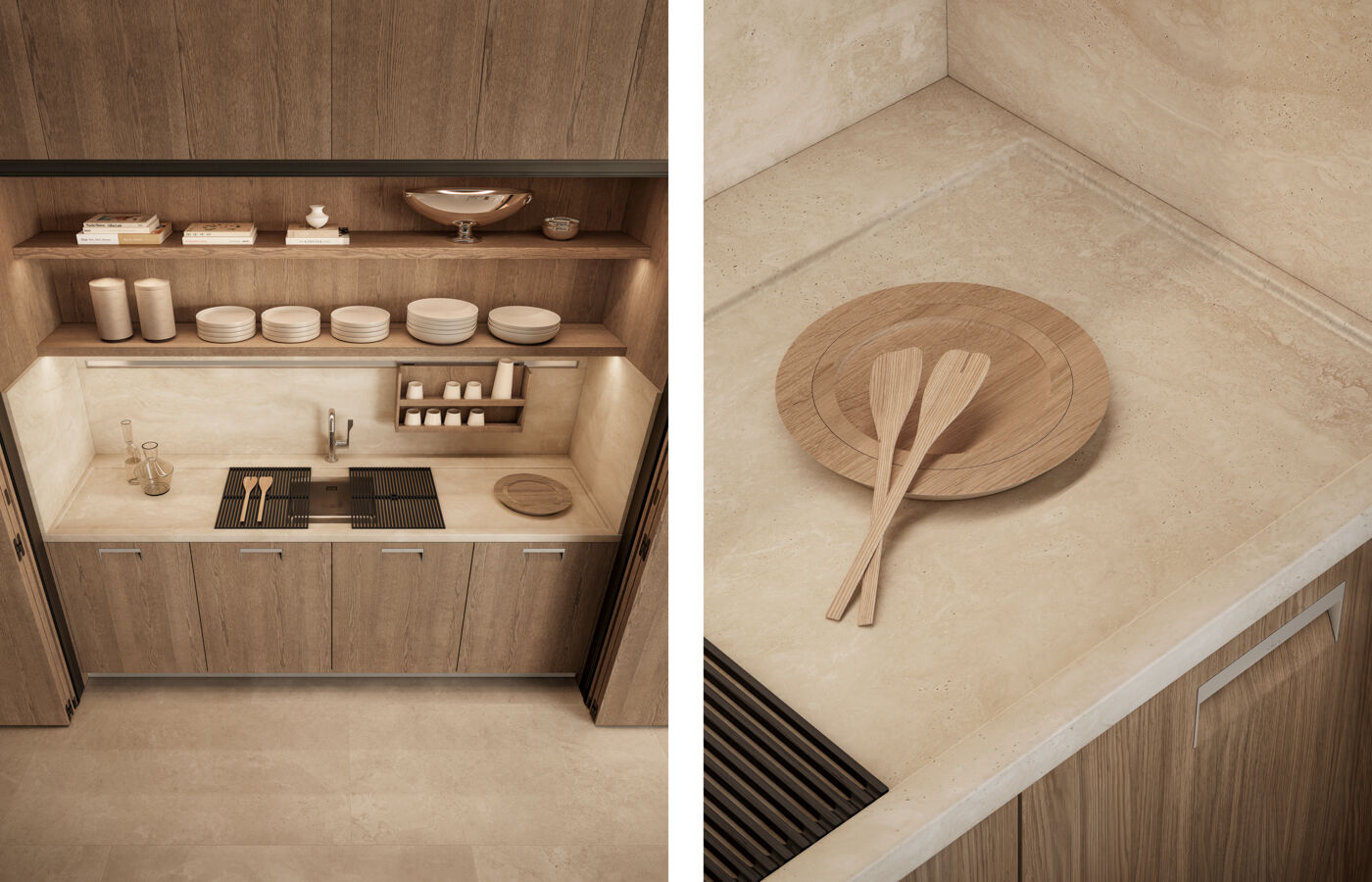 luxury kitchen niche with travertine countertop, integrated sink and oak shelving, detail of stone surface with recessed metal handle and wood accessories