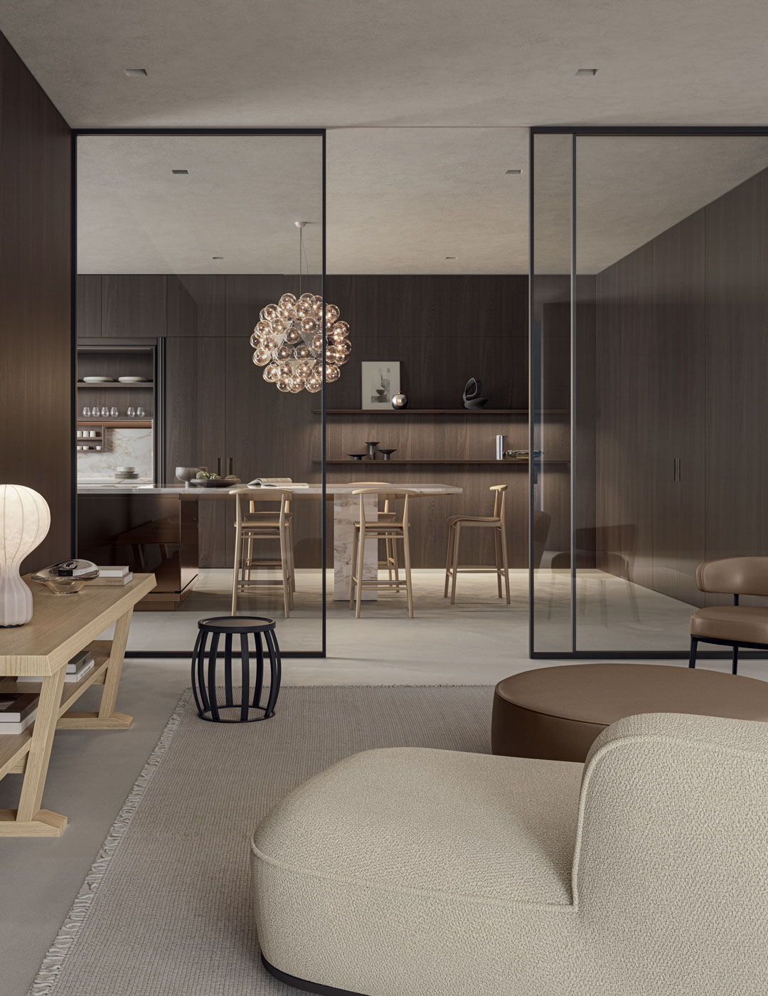 sliding door in the livingroom view in Convivium et Lapis modern kitchen Arclinea