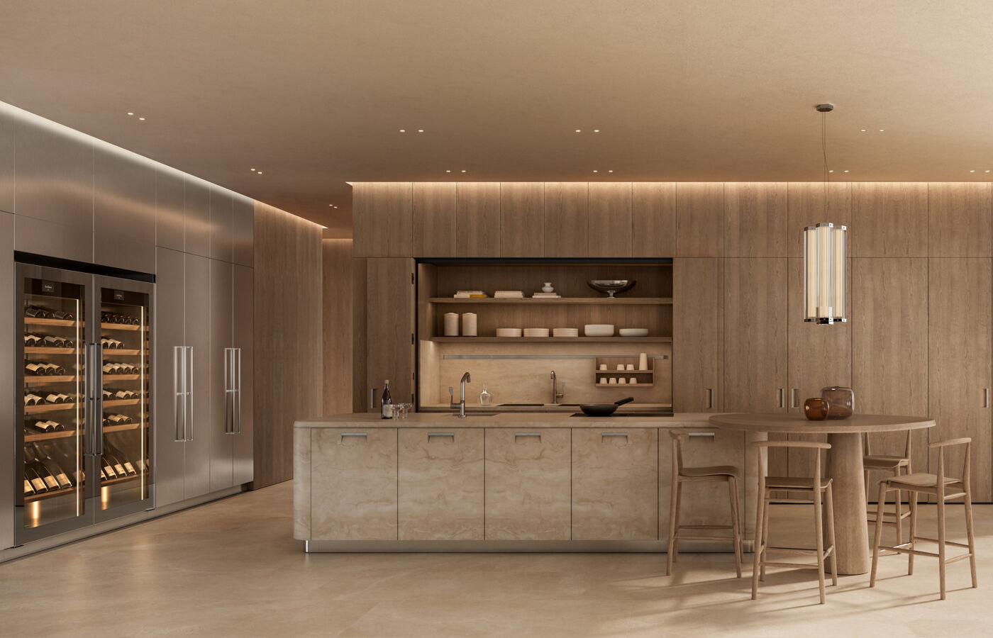 Arclinea Kora kitchen with travertine island and integrated sink, oak cabinetry with recessed workspace and Teca wine storage in stainless steel