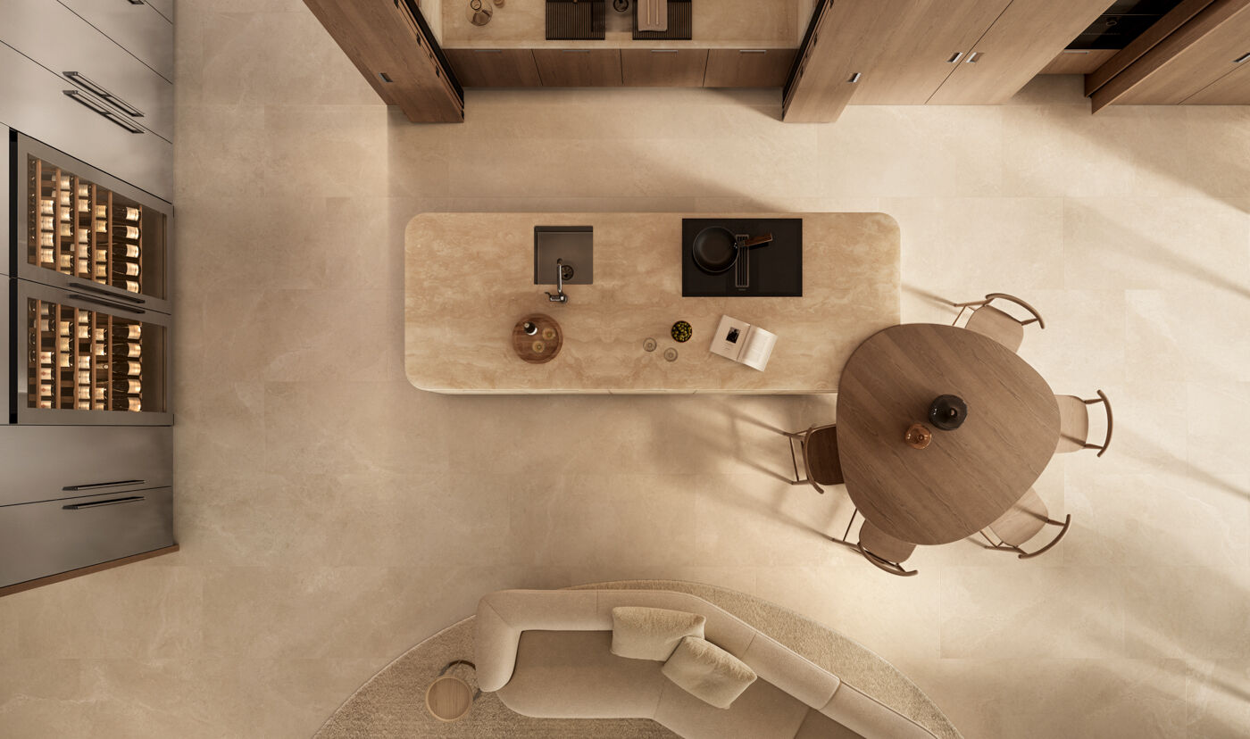contemporary open space kitchen top view with travertine island, integrated sink and cooktop, oak dining table and built-in wine storage columns