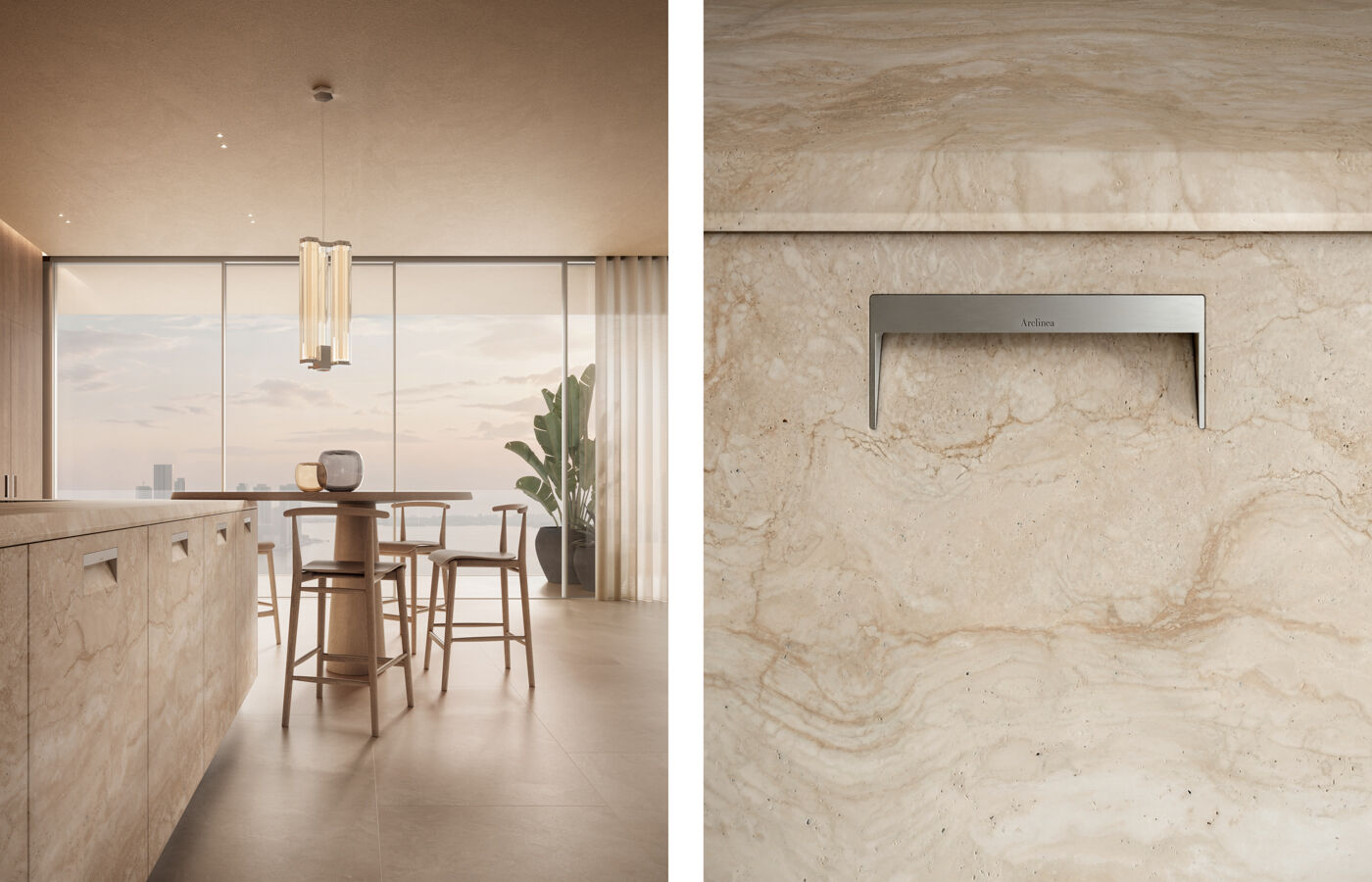 Arclinea open space kitchen with travertine island and integrated handles, wood seating area and panoramic glazing, detail of metal handle on stone surface