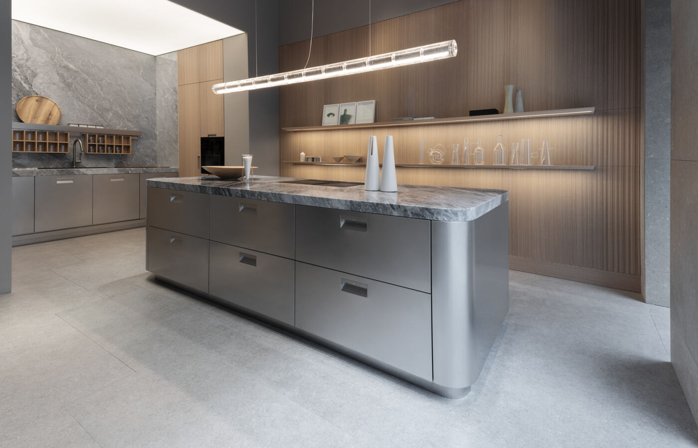 kora rounded corner island in stainless steel kitchen presented for 2026 Milan Design Week