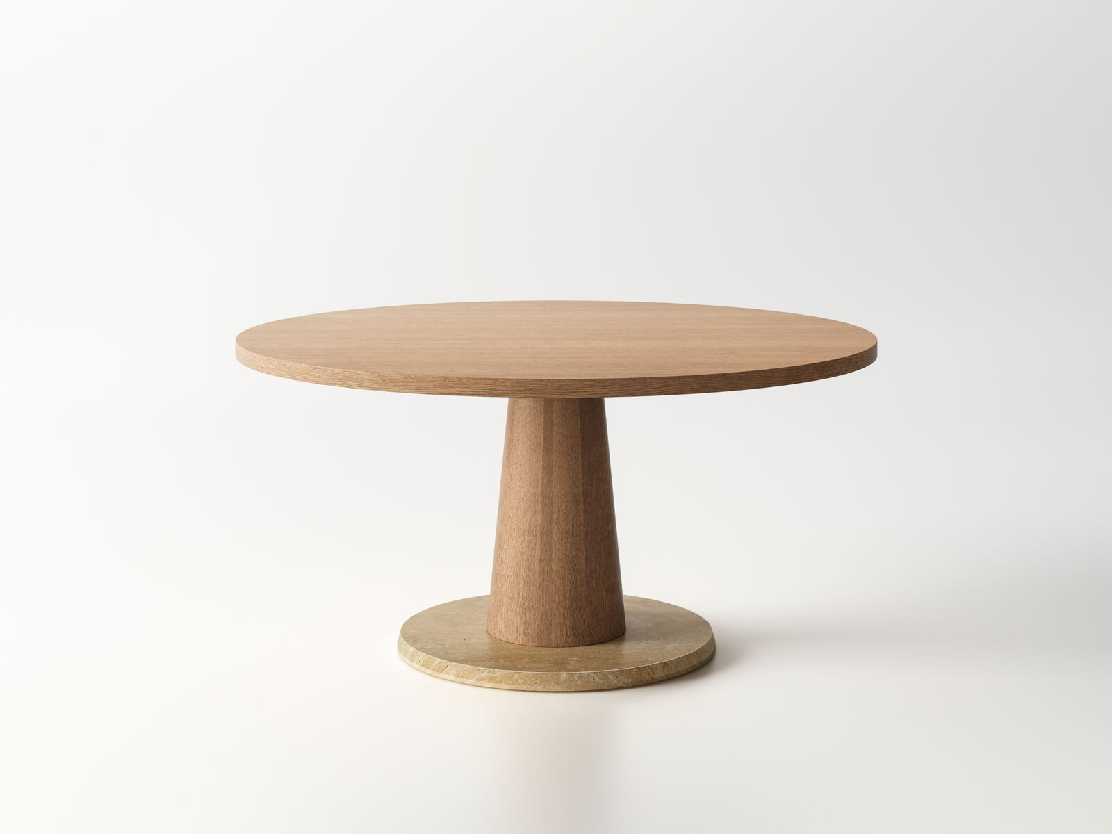 Arclinea Vesper and Orbita freestanding tables with round oak top, central pedestal base and stone plinth detail