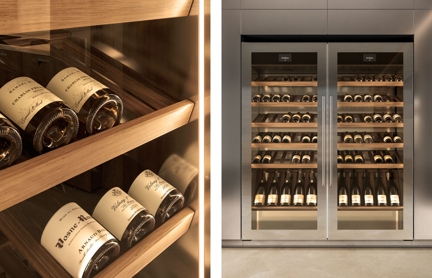 Arclinea kitchen with Teca winery integrated wine storage in stainless steel, oak bottle racks and glass doors with horizontal display shelves